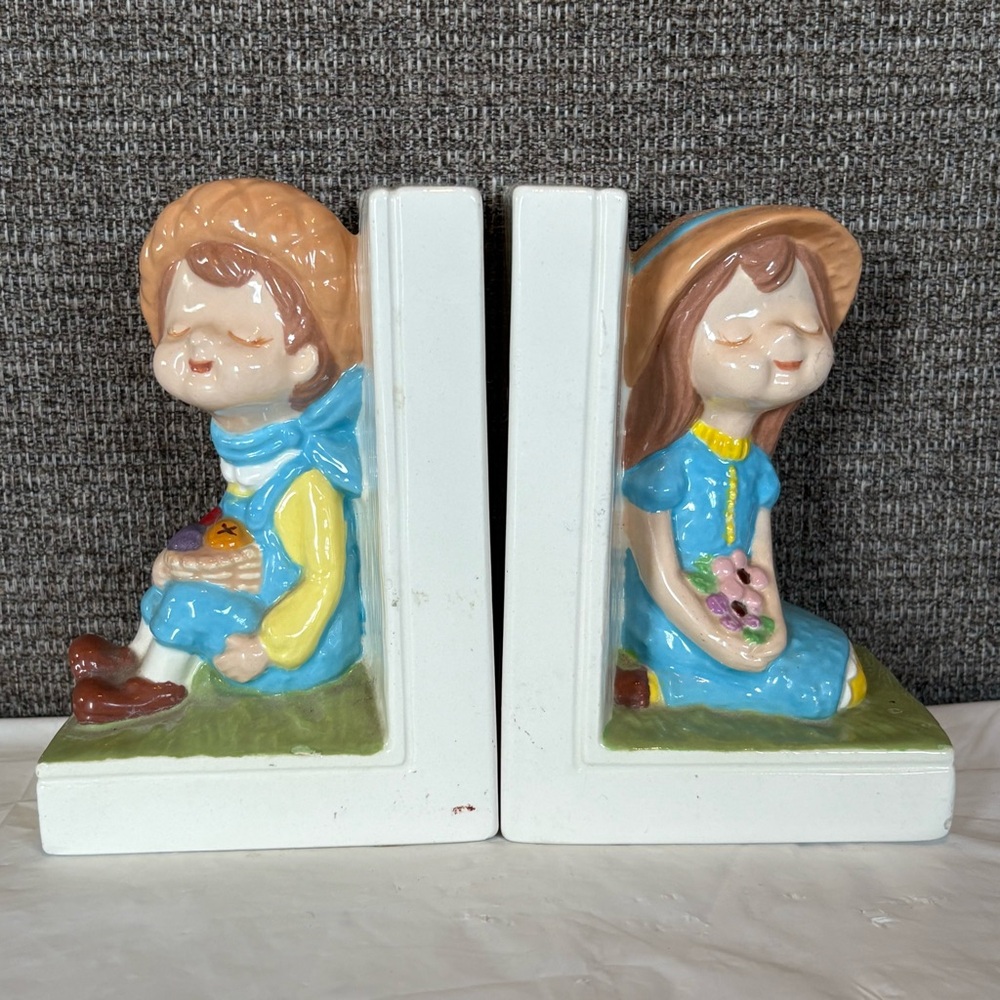 Vintage Ceramic Boy and Girl Bookends Mid Century Book Lover Decor Charming